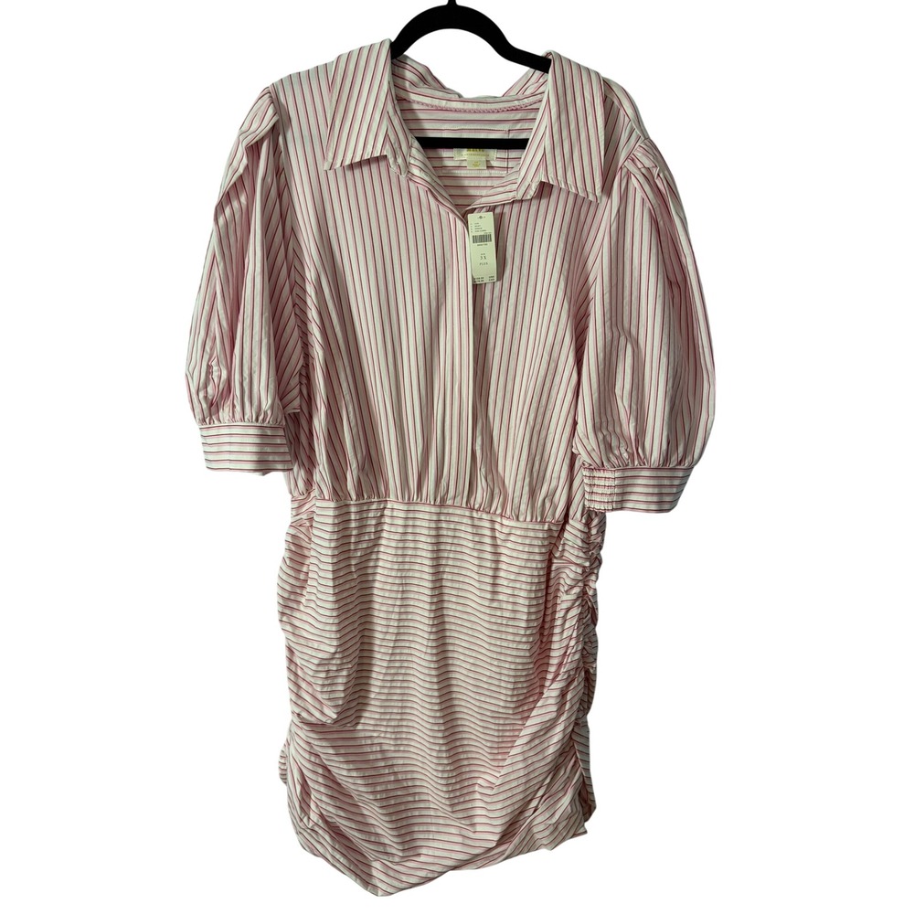 Maeve Anthropologie Pink White Striped Ruched Shirt Dress 3X Plus NWT Romantic